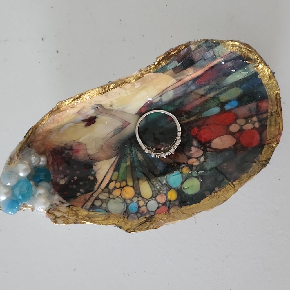 Handmade Artistic Fairy Oyster Shell with Gold Trim and Colorful Design